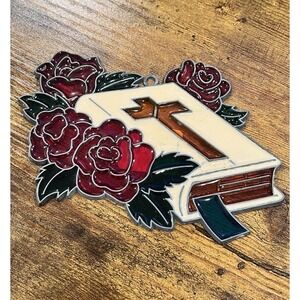 Vintage Stained Glass Bible Cross Roses Christian‎ Decor